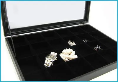 Produktbild von Schmuckkasten Schmucklade Schaukasten Schmuckdisplay  Glasdeckel mit 24 Fächern schwarz