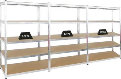 Produktbild von Mega Deal | 3x Schwerlastregal Ragnar | HxBxT 180x120x60cm | 5 MDF-Platten-Ebenen | Fachlast 175kg | Verzinkt