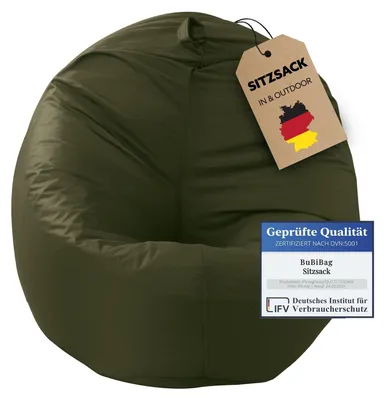 Produktbild von BuBiBag Sitzsack Erwachsene mit Füllung – 2in1 Sitzsack & Sitzkissen, Bean Bag Indoor Outdoor wasserfest | Khaki 130 cm
