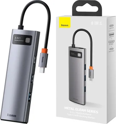 Immagine prodotto di Hub 8W1 Baseus Metal Gleam Series, Usb-C Do 3X Usb 3.0 + Hdmi + Usb-C Pd + Ethernet Rj45 + Microsd/Sd
