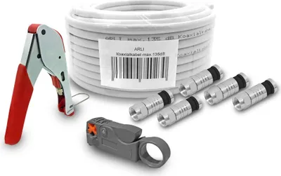 Produktbild von ARLI 50m Koaxialkabel max. 135dB + Kompressionszange klein+ Abisolierer + 10x Stecker
