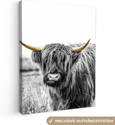 Produktbild von MuchoWow® - Leinwandbilder - Schottischer Highlander - Schwarz & Gold - Hoorn, Wandbild, Wanddeko Bilder Wohnzimmer, 90x120 cm
