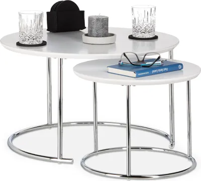 Produktbild von Relaxdays Beistelltisch 2er Set rund, kleiner Couchtisch matt, Satztisch Holz und Metall, verchromt, 60x60 cm, weiß