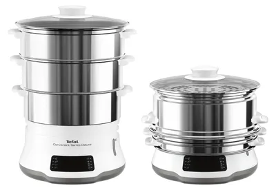 Produktbild von Tefal Convenient Series Deluxe Dampfgarer VC502D, 3 Korb/Körbe, Edelstahl, Weiß, Arbeitsplatte, Touchsteuerung, Vorderseite, Edelstahl