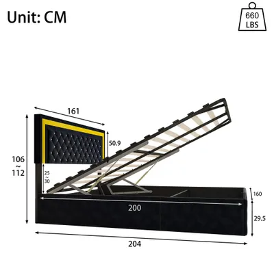 Obrázek produktu pro Postel s čalouněnou čelní stranou - manželská postel 160x200 cm - hydraulický úložný prostor pod postelí - rám postele s lamelovým roštem - vysoká čelní strana - dřevěná konstrukce - černá barva