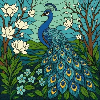 Image de Peinture par numéros - Vitrail. Paon 30 x 30 cm - Ideyka