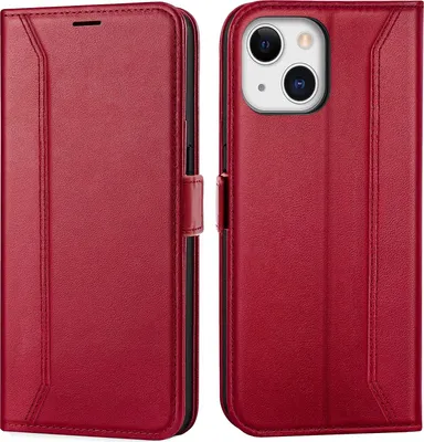 A red flip case for an iPhone 13 Mini is shown from two angles.