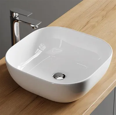 Produktbild von Planetmöbel Aquil Deluxe Waschbecken Oval 42 cm - Weiß Hochglanz | Aufsatzwaschbecken für Badezimmer und Gäste-WC