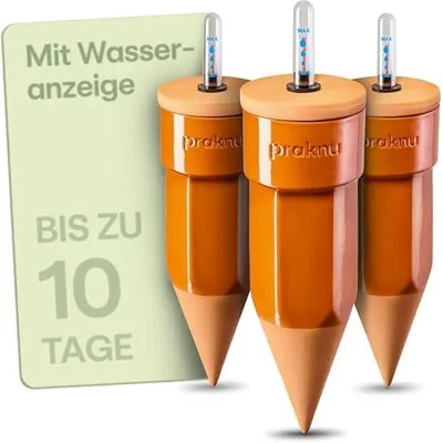 Produktbild von Praknu 3 x Tonkegel Bewässerung mit Deckel & Wasseranzeige - Bis zu 10 Tage - Einfache Reinigung - Bewässerungskugeln Ton - Automatische Bewässerung