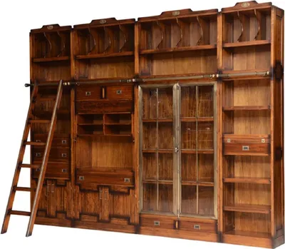 Zdjęcie produktu dla Casa Padrino regał w stylu vintage z drabiną brązowy 331 x 34 x H. 256 cm - Szafka z litego drewna - Szafka z półkami - Szafka do salonu - Szafka biurowa - Luksusowe meble z litego drewna - Meble biurowe