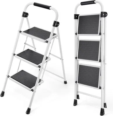 Productafbeelding van Klapladder met 3 treden en leuning - stabiel en antislip, ideaal voor thuis en in de keuken, wit