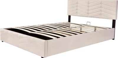 Obrázek produktu pro Čalouněná postel 140 x 190 s roštovým rámem a čelem, čalouněná postel s výškově nastavitelným čelem, holandský samet, béžová barva