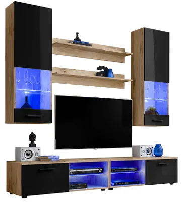 Obrázek produktu pro Extreme Furniture Vida | Nábytek Do Obývacího Pokoje Se 2 Tv Skříňkami, 2 Vitrínami A 2 Policemi Korpus Wotan A Černá Čela