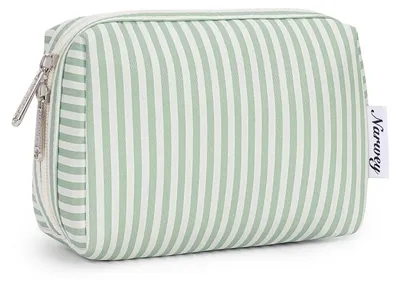 Productafbeelding van Kleine make-up tas voor dames, cosmeticasetje, toilettas, reistas voor make-up, lichtgroene strepen, 17x8x12 cm
