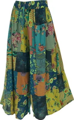 Immagine prodotto di Pantaloni patchwork, pantaloni estivi larghi boho - Verde, donna, viscosa, taglia: L