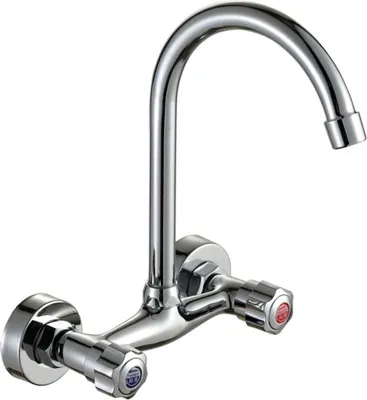 Produktbild von Wandmontierter Kalt- und Warmwasserhahn – Messing-Mischbatterie für Küche, Spüle und Waschbecken, Doppelhebel für präzise Steuerung von Wasser.