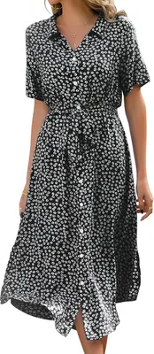 Produktbild von ASKSA Damen Sommerkleid Kurzarm Casual V-Ausschnitt Blumendruck Kleider Strandkleider y Schlitz Midikleid mit Guertel (Schwarz,L)
