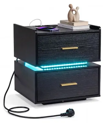 Immagine prodotto di KOMFOTTEU Comodino, tavolino con illuminazione LED RGB, comodino con prese di corrente, porta USB e Type-C, tavolino da salotto con 2 cassetti, comodino moderno per soggiorno e camera da letto, 45 x 40 x 48 cm