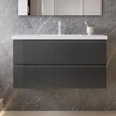 Produktbild von 100 cm Badmöbel-Set Unterschrank mit Mineralguss waschtisch 2 Schubladen soft-close Hochglanz Anthrazit Selbstmontierter