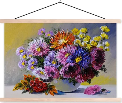 Produktbild von MuchoWow® Textilposter Ölfarbe - Blumen - Stilleben 120x80 cm mit holzfarbenen Rahmen - Aufhängeset