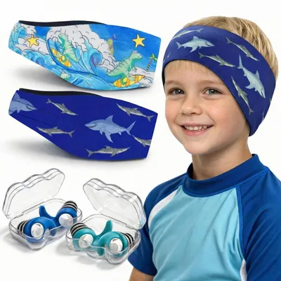 Produktbild von Schwimm Stirnband mit Ohrstöpseln für Kinder, Neopren, Klettverschluss, Wasserdicht, 2 Paar Ohrstöpsel, Shark + Dinosaur
