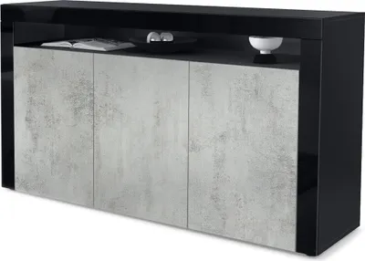 Produktbild von Vladon Sideboard Valencia,  Germany, Kommode mit 3 Türen und 1 offenem Fach, Schwarz matt/Beton Oxid Optik/Schwarz Hochglanz (155 x 92 x 40 cm)