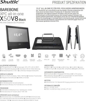 Produktbild von Terra Shuttle All-in-One Barebone X50V8 15.6"/5205U/8/240SSD/W11Pro