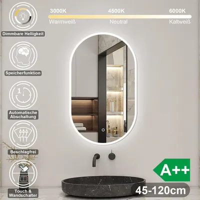 Produktbild von Badspiegel mit Beleuchtung 75×45cm Rundbahn 3 Lichfarbe dimmbar Memory Wand/Touchschalter Anti-Beschlag Badezimmerspiegel Spiegel Warm/Neutral/Kaltweiß Energiesparend Lichtspiegel IP44