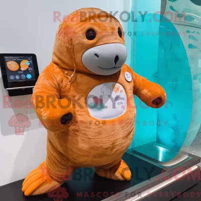 Productafbeelding van Mascottefiguur REDBROKOLY van een Orange Stellar S Sea Cow gekleed met een zwempak uit één stuk en digitale horloges