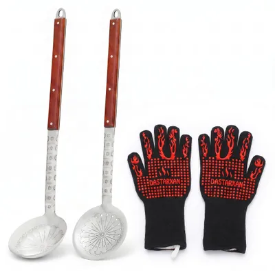 Produktbild von 3er-Set XXL Suppenkelle, Schaumkelle aus Edelstahl und Grillhandschuhe, Schöpflöffel, Schaumlöffel, Gießlöffel, Soßenlöffel für Kazan ab 16 L