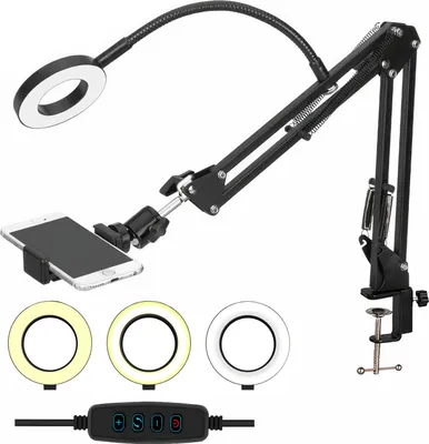 Produktbild von Ring LED-Zeichnungslampe von Alogy mit flexiblem Arm und Stativ für den Schreibtisch, Halterung für das Telefon, schwarz