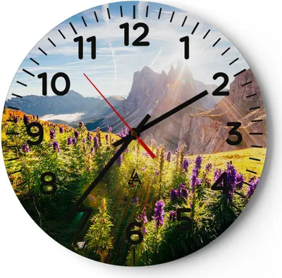 Produktbild von Wanduhr - Rund - Glasuhr - Berge Wiese Blumen - 40x40cm - Schleichendes Uhrwerk - Lautlos - zum Aufhängen bereit - Dekoration Modern - Wanddekoration aus Glas - C4AR40x40-4008