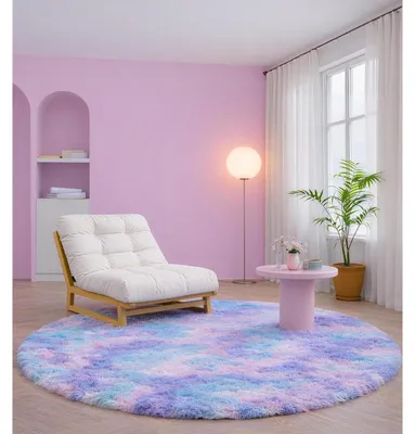 Image de Tapis rond pour salon, diamètre d'environ 150 cm, motif batik, couleurs bleu et violet