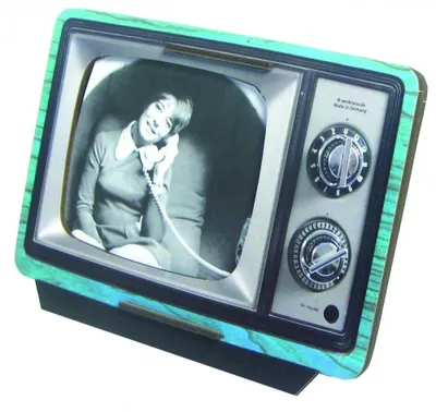 A vintage-style television photo frame with a black and white image of a woman on the screen.