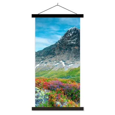 Produktbild von MuchoWow® Textilposter Blumen - Berge - Schnee - Landschaft 90x180 cm mit schwarzem Rahmen - Dekoration Wohnzimmer