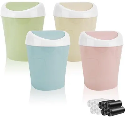 Zdjęcie produktu dla Kompaktowy kosz na śmieci - Mini kosz na odpady - Kosz na śmieci biurowy - Z pokrywą - 4 sztuki - 10 x 12 x 17 cm - Kosz na śmieci