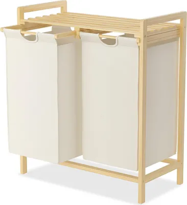 Produktbild von TRMLBE Kosz na pranie 2 komory 72L/2x36L Tkanina Oxford, Kosz na pranie z bambusowym stelażem i uchwytem Wysuwane prowadnice szafki na pranie Wyjmowany system sortowania prania, beżowy