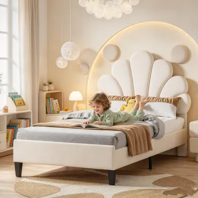 Productafbeelding van INONEFT Gestoffeerd kinderbed, 90x200 cm, met lattenbodem, eenpersoonsbed met hoofdeinde in de vorm van een bloemblaadje, tienerbed, prinsessenbed, houten bed, beige