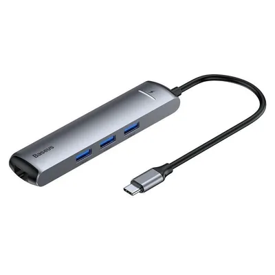 Produktbild von Baseus CAHUB-J0G, USB 3.2 Gen 1 (3.1 Gen 1) Type-C, 100,1000 Mbit/s, Schwarz, Silber, HDMI, RJ-45, USB 3.2 Gen 1 (3.1 Gen 1) Type-A, USB 3.2 Gen 1 (3.1 Gen 1) Type-C