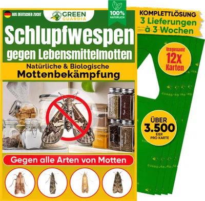 Produktbild von Schlupfwespen gegen Lebensmittelmotten, 4 Karten x 3 Lieferungen (12 Karten), GreenGuardia, der  Mottenschutz. Alternativ zu:Mottenfalle,Klebefalle