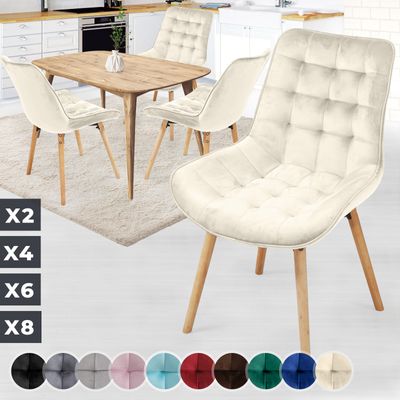 MIADOMODO® Esszimmerstühle - Creme, 4er Set, Sitzfläche aus Samt, Gepolstert, Gesteppt, Beine aus Buchenholz, mit Rückenlehne - Polsterstuhl