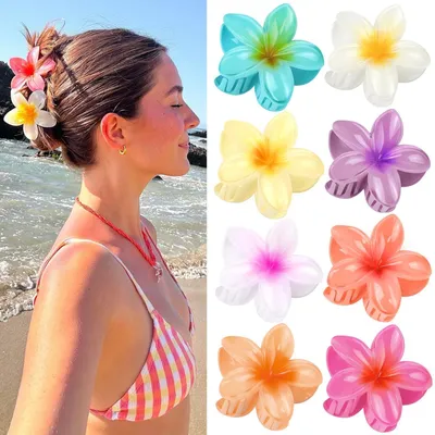 Productafbeelding van Haarspelden, bloemenmotief, 8 stuks, kunststof, kleurrijk, 3D-design van frangipani, voor dames en meisjes