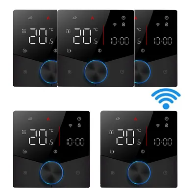 Obrázek produktu pro 5X Smart Tuya WiFi termostat, digitální LED pokojový termostat s hlasovým ovládáním pro 3A kotel s podlahovým vytápěním a stmívatelnou barvou světla, programovatelný, kompatibilní s Tmall Genie, Amazon Google Home, černý