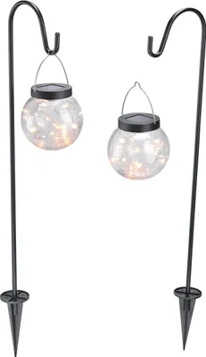Two solar-powered hanging globe lights on stakes, designed for outdoor use.