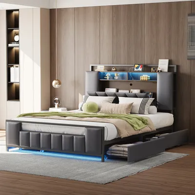 Produktbild von Flieks kovová postel manželská postel 160x200cm s USB, postel pro mládež s LED, čalouněná postel s úložným prostorem, 4 zásuvky a sklápěcí čelo, PU, šedá barva