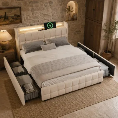 Produktbild von Polsterbett 160x200cm mit USB und Steckdosen, LED-Beleuchtung und 4 Schubladen, Bettgestell mit Holzlattenrost, Beige
