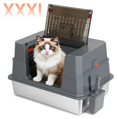 Produktbild von ISOISL XXL Edelstahl Katzentoilette 70 x 50 x 43 cm geschlossen mit Klappdeckel Katzenklo für große Katzen Mehrkatzenhaushalt Grau Schwarz