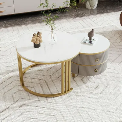 Image de Table Basse Ronde 2 En 1 En Mdf, Table D'appoint Avec Plateau En Marbre Blanc, 2 Tiroirs, Gris