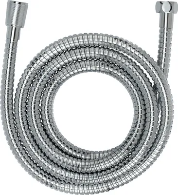 A coiled silver shower hose on a white background.