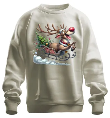 Produktbild von Rudolph Rentier Schlitten Weihnachtsbaum Glöckchen Cartoon Sweatshirt Pullover, Natur, XL